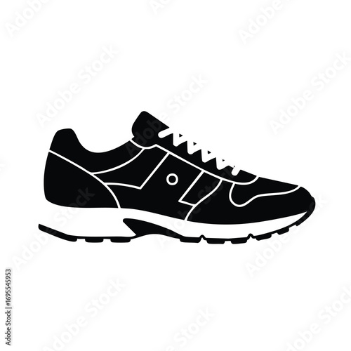 Side view of a black and white silhouette of a pair of running shoes.