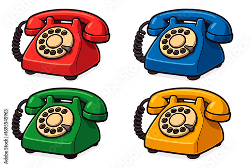 Retro 3d telephones in vibrant colors. Classic design vector cartoon illustration. Old rotary phone set. Vintage communication technology. Colorful icon collection isolated.