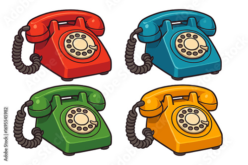 Retro 3d telephones in vibrant colors showcasing classic design. Vector cartoon illustration of old rotary phones. Vintage communication technology concept. Colorful set.