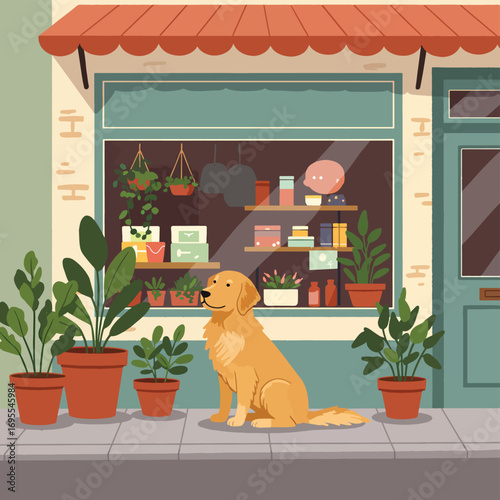 Cheerful golden dog outside a shop, curiously gazing at a window display amidst potted plants, creating a welcoming, flat design atmosphere.