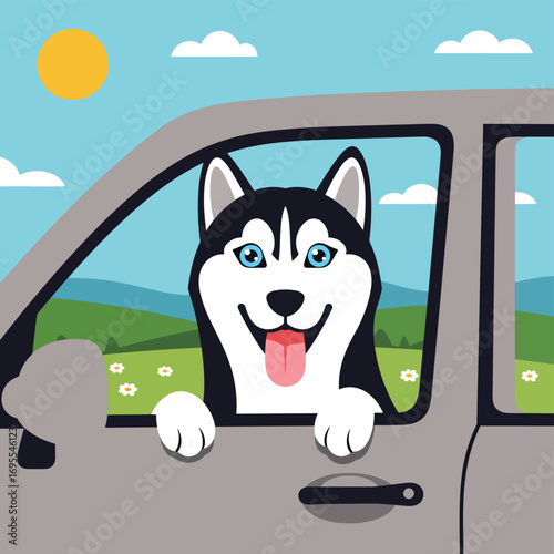 Cheerful husky leans out of a car window, enjoying fresh air and sunny scenery. Flat design vector illustration of a happy dog on a road trip.