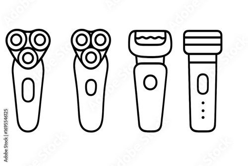 Set of electric shaver and razor line icons. Vector illustration of grooming tools like rotary and foil trimmers for hair removal. Hygiene and personal care equipment.