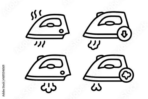 Simple line icon set of irons with steam features. Vector collection of household appliance for laundry and clothing care. Outline cartoon illustration of ironing symbols.