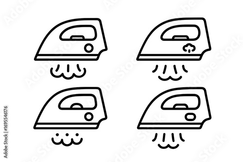 Set of simple line icons for steam irons. Vector illustration of household appliances for ironing clothes. Laundry and domestic chore concept. Different steam modes and buttons.