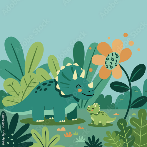 Cheerful flat design illustration of a parent dinosaur and its baby, surrounded by lush greenery and playful plants, depicting a joyful family bond.