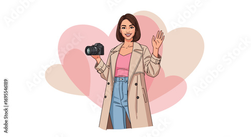 Smiling Photographer Waving Hand Holding Camera In Front Of Romantic Heart Background