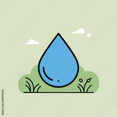 A stylized illustration of a water droplet resting on a grassy patch, suggesting environmental themes.