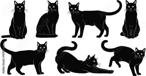 Black cats in various poses vector illustration, isolated silhouettes set for Halloween, pet design, spooky animal concept, SVG download.