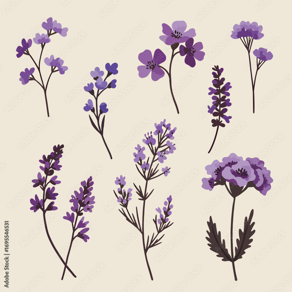 Obraz premium Beautiful watercolor botanical illustrations featuring various purple flowers and herbs in delicate detail, perfect for elegant designs and natural aesthetics.