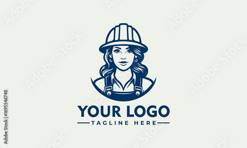 A stylized logo featuring a woman construction worker, wearing a hard hat and overalls.