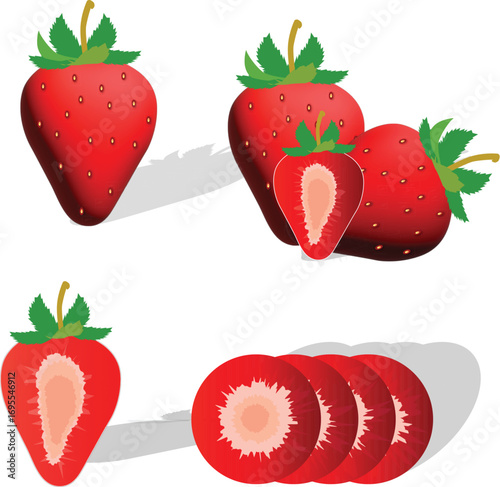 Red strawberries with green leaves vector illustration ,3d Red strawberries , fruits vector
