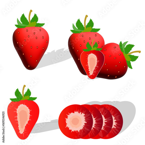 Red strawberries with green leaves vector illustration ,3d Red strawberries , fruits vector