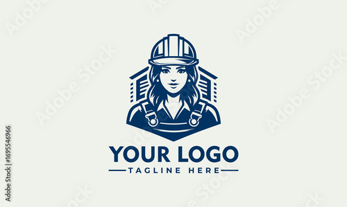 A female construction worker wearing a hard hat, depicted in a logo design.
