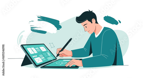 Talented Designer Illustrating Interface Designs On Digital Tablets For Client Projects.