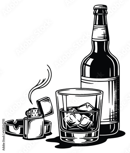 A black and white vector illustration of a bottle of alcohol, a glass of whiskey on the rocks, a lit lighter, and an ashtray.