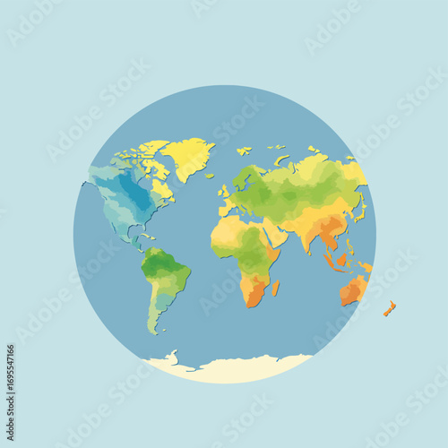 Colorful watercolor illustration of Earth in flat design, showcasing continents and oceans against a light blue background. A vibrant vector graphic for global themes.