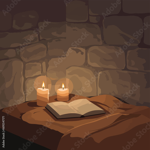 Cozy, illuminated reading nook with an open book, candles, and a soft blanket against a stone wall, evoking warmth and tranquility. Flat design vector illustration.