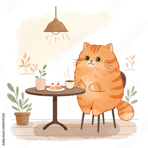 A cozy watercolor flat design illustration of a fluffy orange cat enjoying coffee and pastries at a charming cafe table, perfect for a relaxing scene.