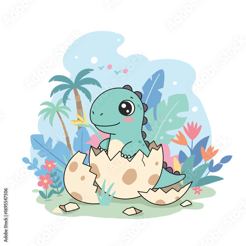 Adorable cartoon baby dinosaur emerges from an egg, nestled in a vibrant, lush jungle with colorful plants. Flat design vector illustration, perfect for kids' themes.