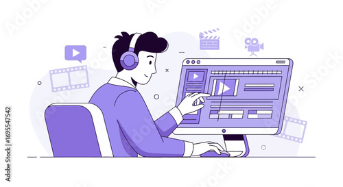Video Editor Crafting Composition On Screen With Headphones, Digital Creation Process