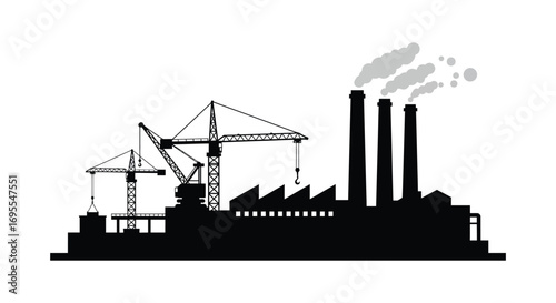 industrial factory scene with cranes smokestacks and buildings