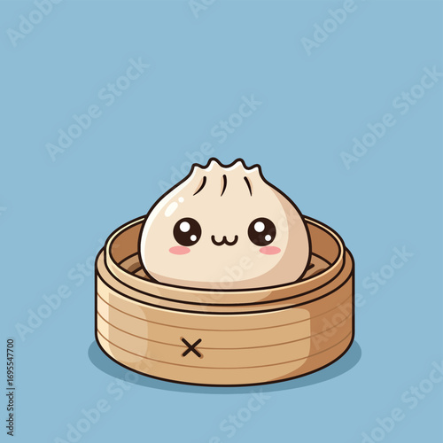 Cute flat design dumpling character smiling in a bamboo steamer, ideal for food illustrations, culinary content, or restaurant branding. Vector art.