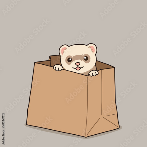 Cute flat design ferret peeking playfully from a bag, with expressive eyes and a charming smile, showcasing its curious and joyful nature. Vector illustration.
