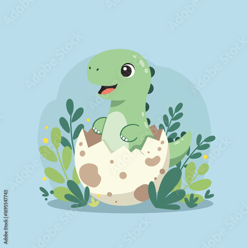 A cute green flat design dinosaur hatches from an egg amidst soft greenery, creating a whimsical and playful atmosphere. Vector illustration.