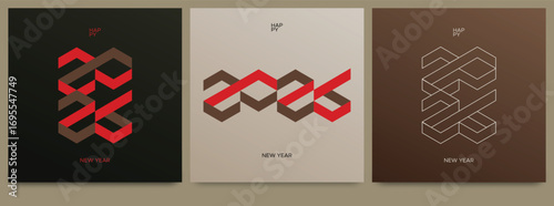 Bold geometric typography design for Happy New Year 2026 with isometric line style. Modern abstract look in black, red, and brown, perfect for posters, cards, and digital graphics