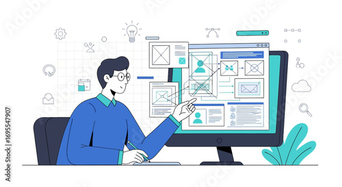 Web Designer Working On Website Interface, Illustration of UX/UI Design On Computer Screen