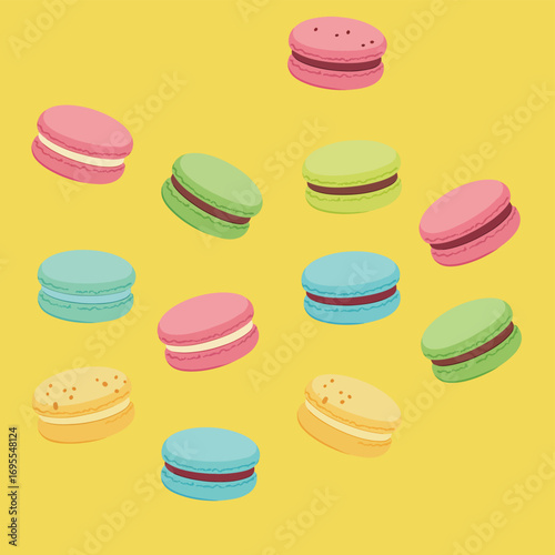 A delightful and vibrant pattern of colorful macarons against a bright background, perfect for food lovers and dessert enthusiasts. Flat design vector.