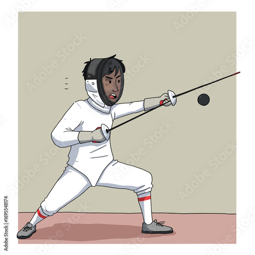 A determined fencer in protective gear lunges forward with a sword, showcasing athleticism and focus in a flat design style.