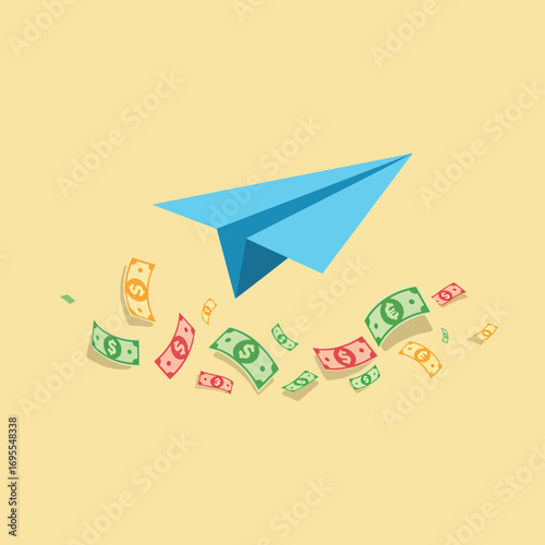 Dynamic flat design illustration of a paper airplane soaring amidst flying currency notes, symbolizing financial freedom, opportunity, and a journey towards success.