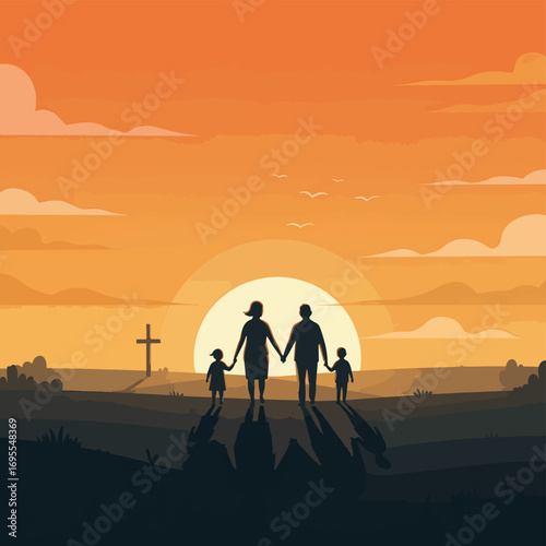 Flat design illustration of a family walking together at sunset in a serene landscape with a cross, symbolizing unity, hope, and togetherness.
