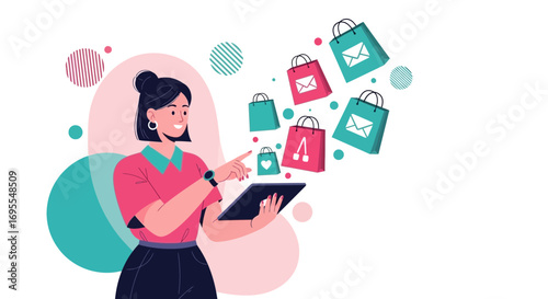 Woman Shopping Online Using Tablet and Receiving Gift Bags in a Digital Transaction