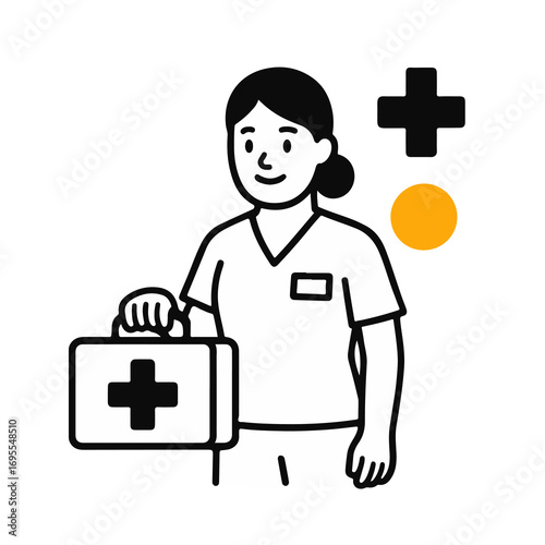 Flat vector illustration of nurse holding medical first aid kit. Black line outline style. Isolated healthcare and emergency treatment concept.