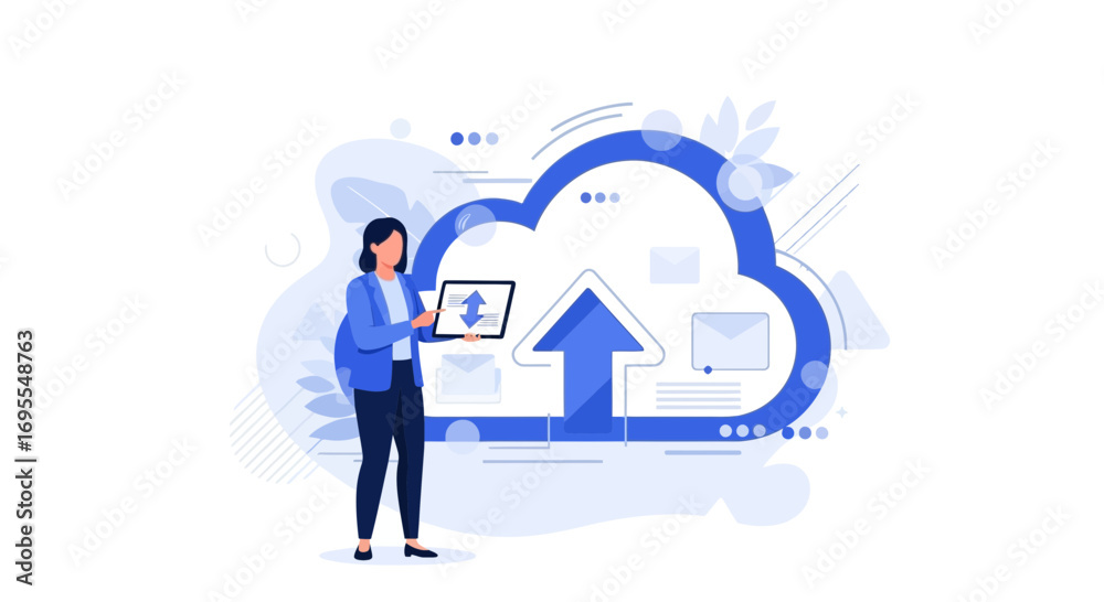 Naklejka premium Woman Uploading Data To Cloud Storage, Modern Digital Concepts, Illustration Graphic Design