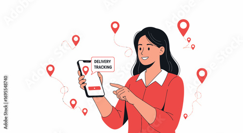 Woman Tracking Package Delivery Online with Smartphone Showing Location Pins and Delivery Details