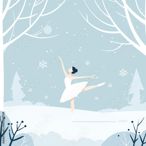 A graceful ballerina dances elegantly in a snowy winter landscape, surrounded by soft flakes and bare trees. Flat design vector art embodying winter's beauty.