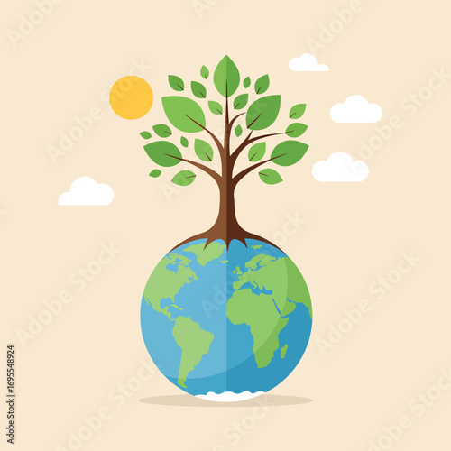 Harmonious flat design illustration of a tree growing from a globe, symbolizing environmental sustainability and nature's balance.