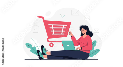 Woman Using Laptop for Online Shopping with Shopping Cart Illustrative Concept