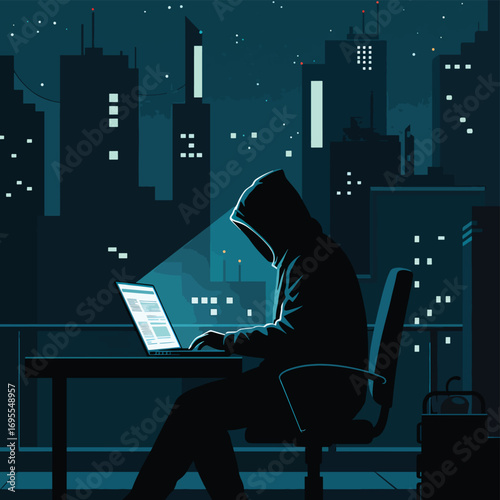 A hooded figure sits at a laptop, illuminated by city lights, evoking mystery, technology, and digital exploration in an urban setting. Flat design vector.