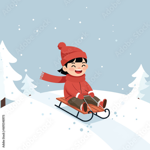 Joyful child in winter attire gleefully sledding down a snow-covered hill, showcasing the thrill of outdoor winter activities and play in a flat design vector illustration.