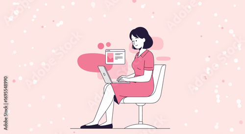 Woman Using Laptop While Seated in Pink Dress and Working, Conceptual Illustration