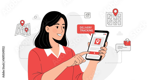 Woman Using Smartphone App For Tracking The Delivery Of Packages In Modern Illustration