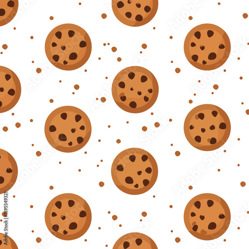 A delightful flat design pattern of delicious chocolate chip cookies with scattered crumbs on a clean white background. Perfect for food-related projects.