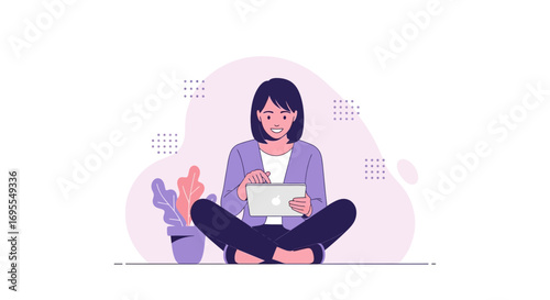Woman Using Tablet in a Relaxed Position, Surrounded by Plants and Abstract Shapes