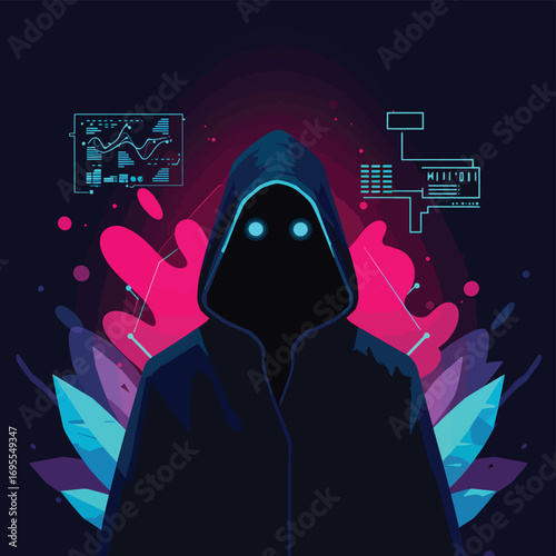 Mysterious hooded figure with glowing eyes, surrounded by abstract shapes and colors, evoking anonymity and digital intrigue in a flat design vector illustration.