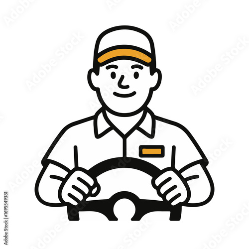 Flat vector illustration of delivery driver holding steering wheel. Black line outline style. Isolated transport, courier service and logistic concept.