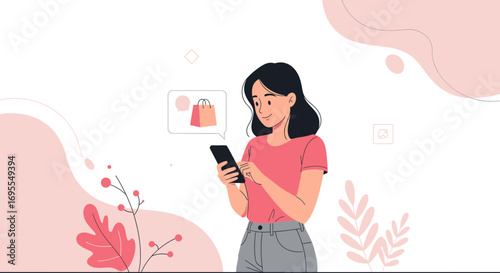 Woman With Smartphone Browsing For Online Shopping, Minimalist Pastel Illustration Style